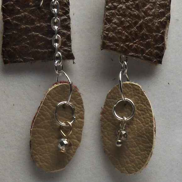 No.1139 Handmade earrings with leather pieces 2 1/2 inches long - Picture 2 of 4